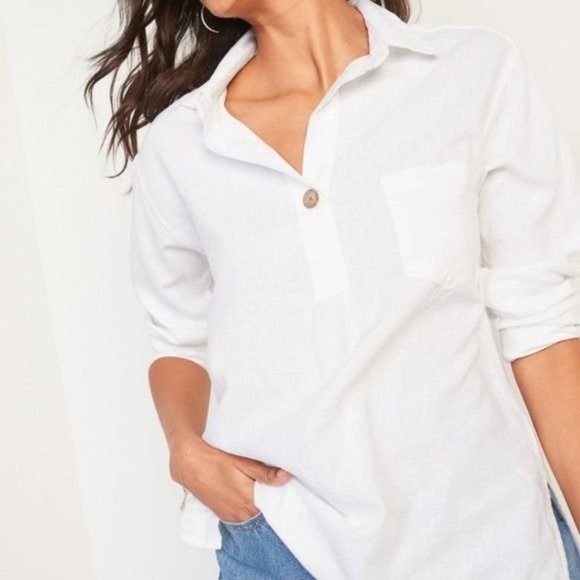 Old Navy Tops - Old Navy White Linen Blend Popover 3/4 Sleeve Tunic Top L